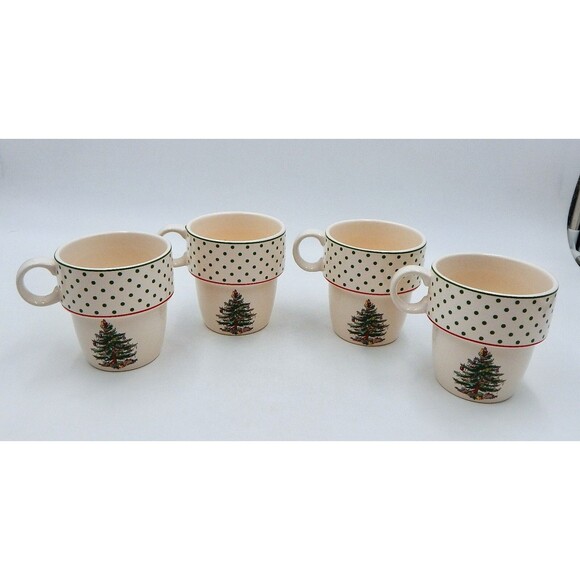 Spode Christmas Tree Collection Polka Dot Stackable Mugs Coffee Tea Set of 4 Box - Picture 3 of 10
